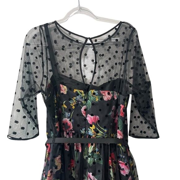 City Chic Poppy Spot Dress Floral with Polka Dot Mesh Overlay Black Multi 16 - Picture 6 of 10